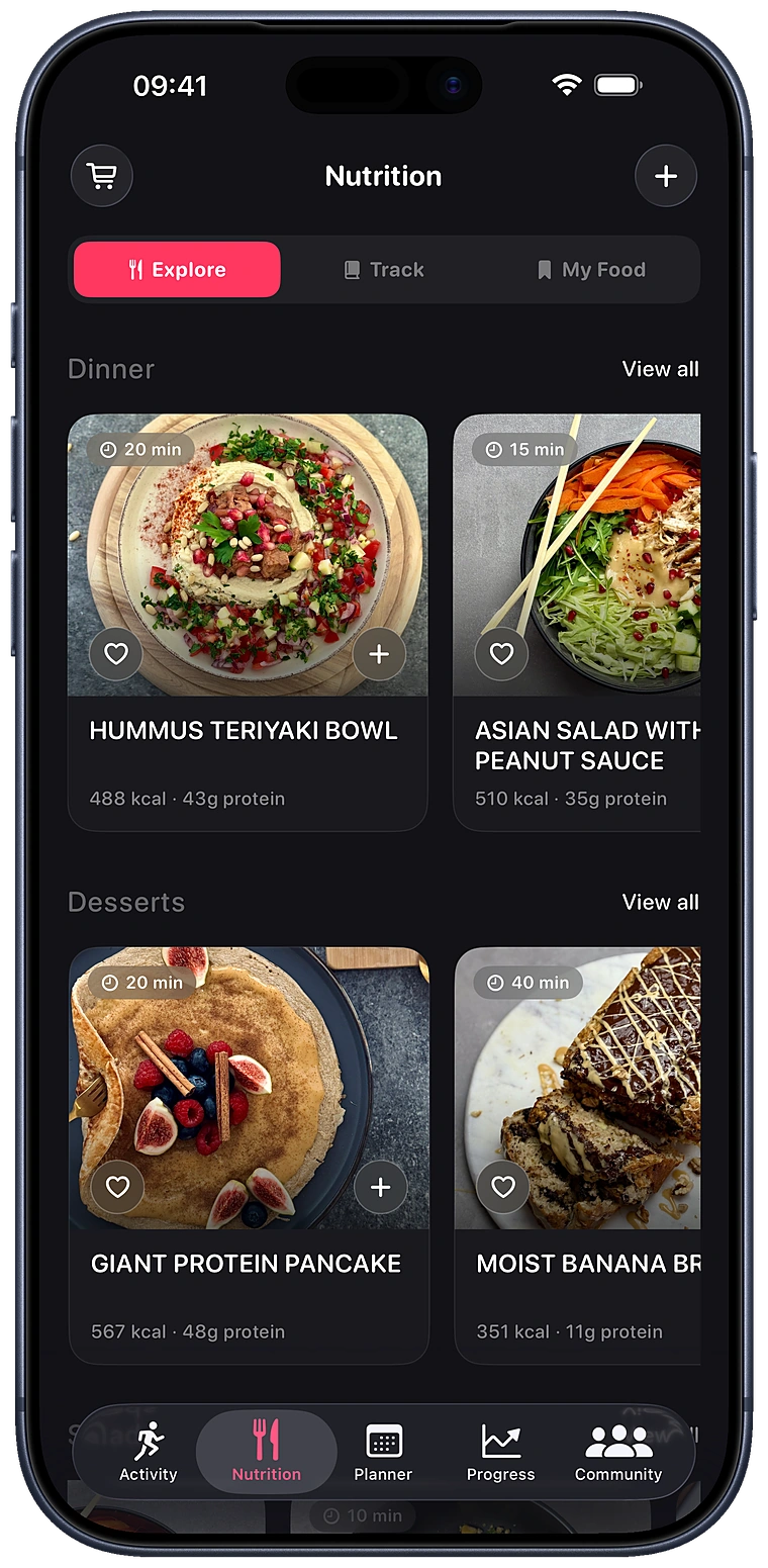 Breakfast and lunch recipes, each with its prep time, calories and protein