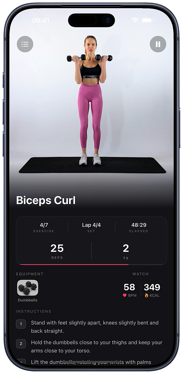 An exercise mid-session on the phone: reps, lap, timer and form instructions